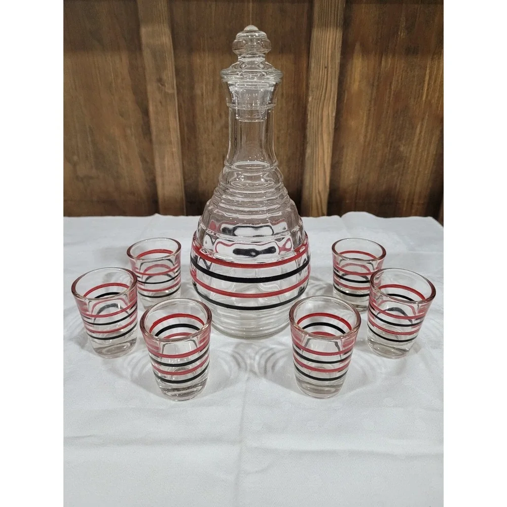 Hazel Atlas Ribbed Ringed Banded 16 Oz. Decanter & 6 Banded Shot Glass